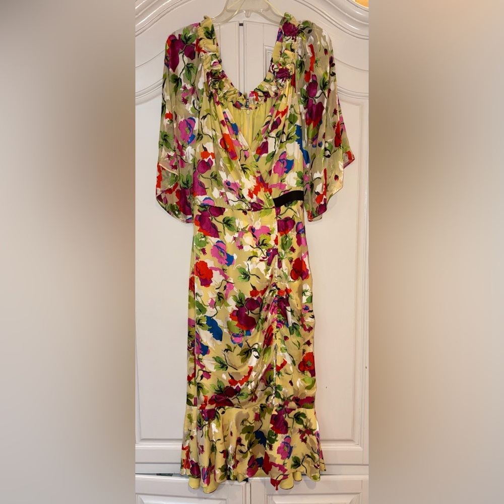 Saloni Olivia Silk Floral Yellow Midi Dress with Flutter Sleeves